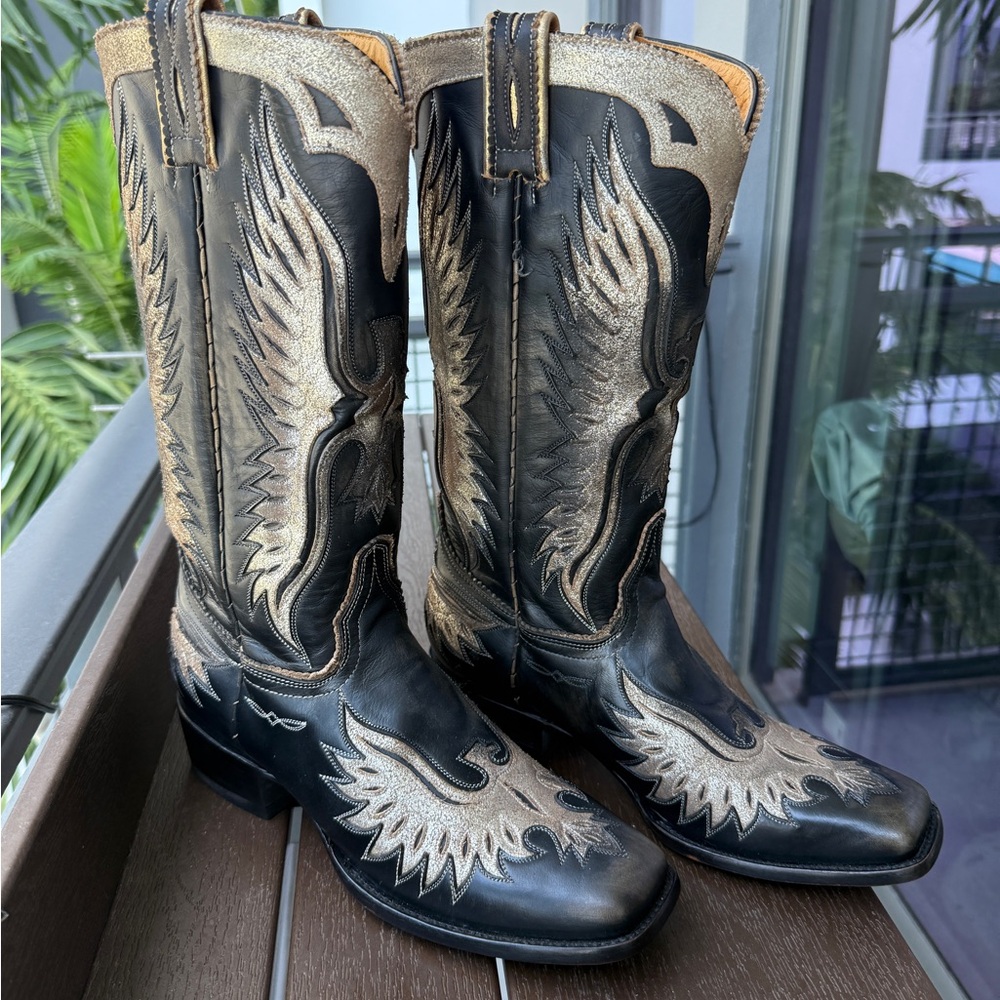 RARE old gringo eagle gold cowboy boots black square toe size 9 leather